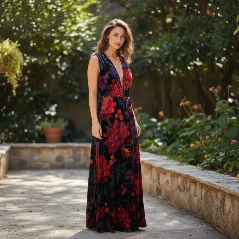 Farm Rio Womens Tropical Floral Velvet Maxi Dress Deep V-Neck Multicolor Size XS